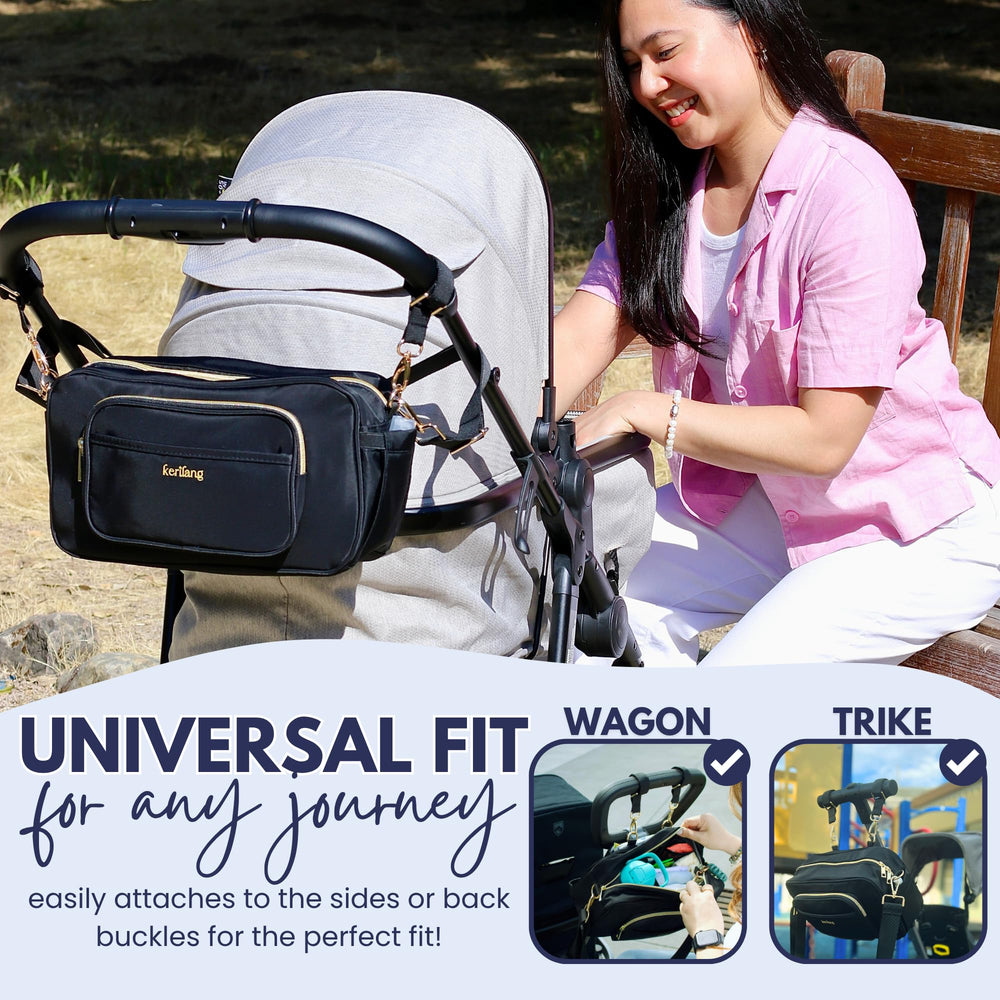 Kerilang stroller organizer with wipes pocket enables quick diaper changes on the move.