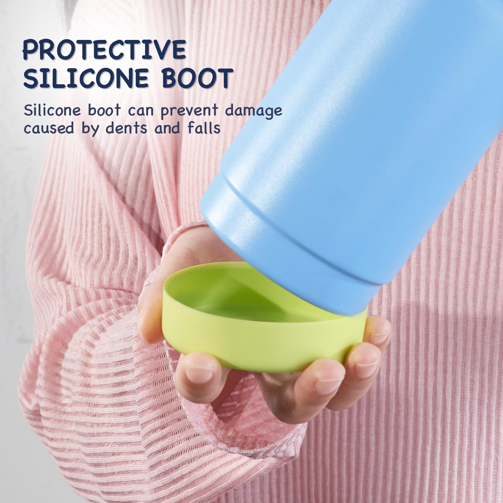 Kerilyn 12oz kids bottle silicone-base pad guards against drops.