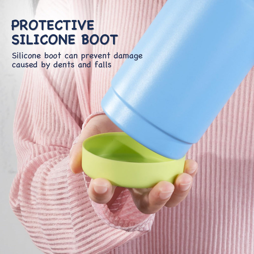 Kerilyn 12oz kids bottle silicone-base pad guards against drops.