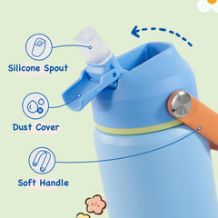 Kerilyn 12oz kids bottle sky lid-open with straw demonstrates quick sipping.