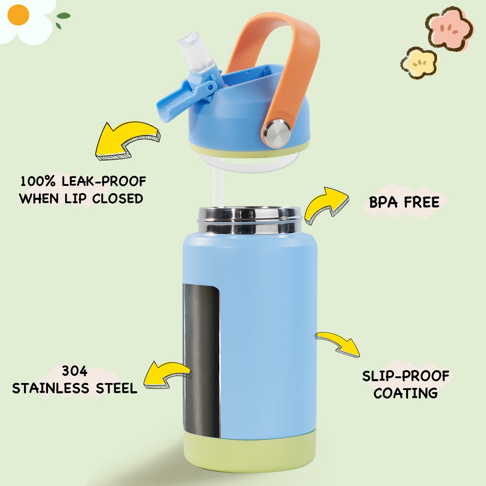 Kerilyn 12oz kids bottle sky side profile highlights easy, spill-free on-the-go use.