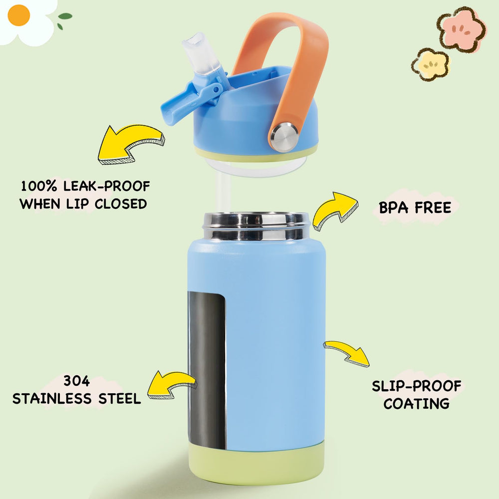 Kerilyn 12oz kids bottle sky side profile highlights easy, spill-free on-the-go use.
