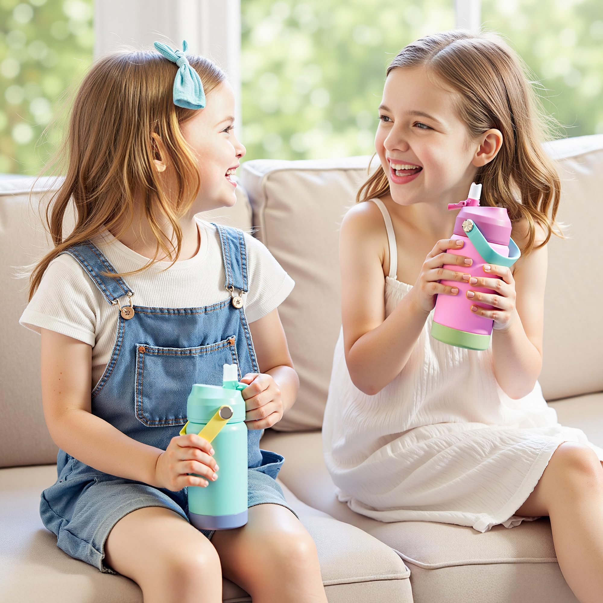 Kerilyn 12oz kids bottle strap rotates 180 degrees for easy carrying.