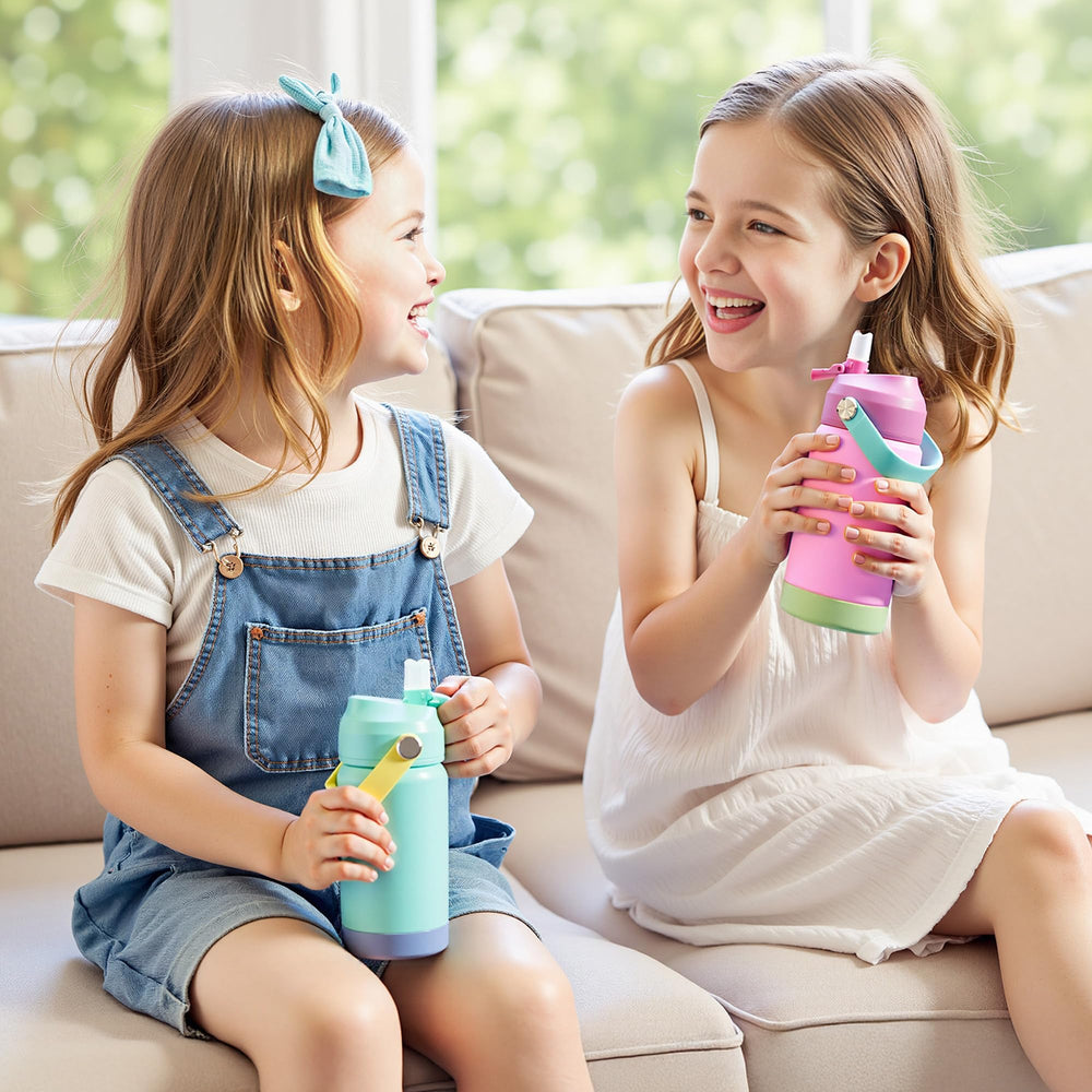 Kerilyn 12oz kids bottle strap rotates 180 degrees for easy carrying.