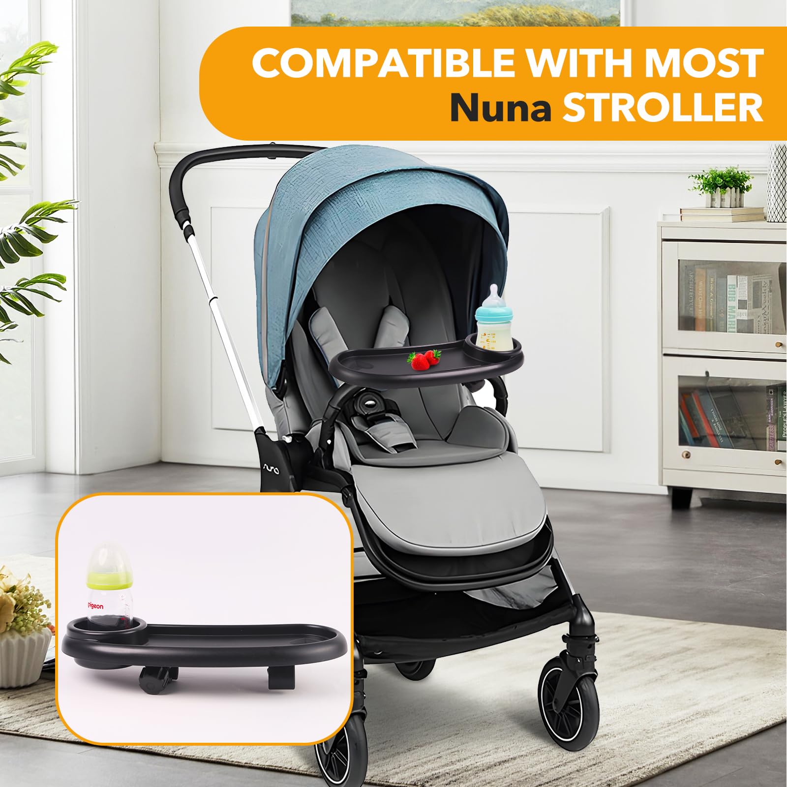 KEUYE Nuna snack tray bottle holder keeps drinks within reach.