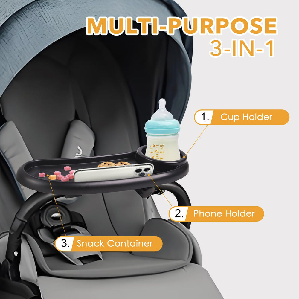 KEUYE Nuna snack tray phone slot keeps devices accessible.