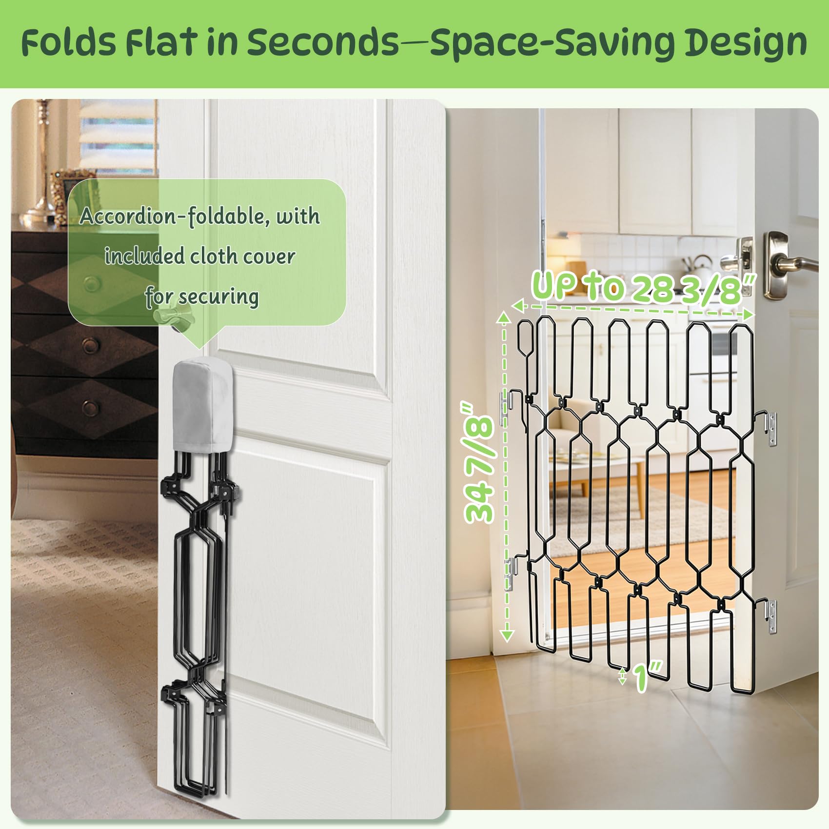 KEVLTROV front door dog gate with open angle fit for flexible doorway setup.