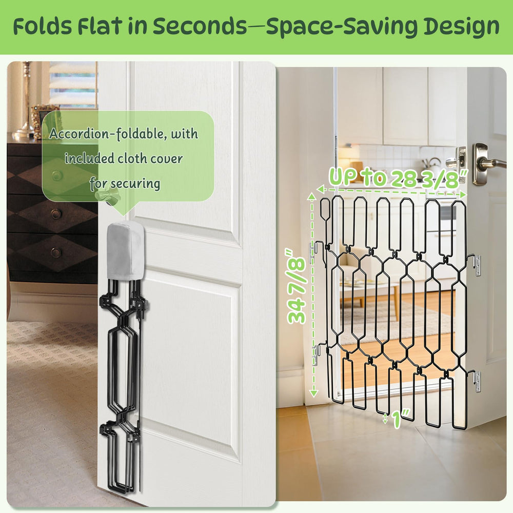 KEVLTROV front door dog gate with open angle fit for flexible doorway setup.