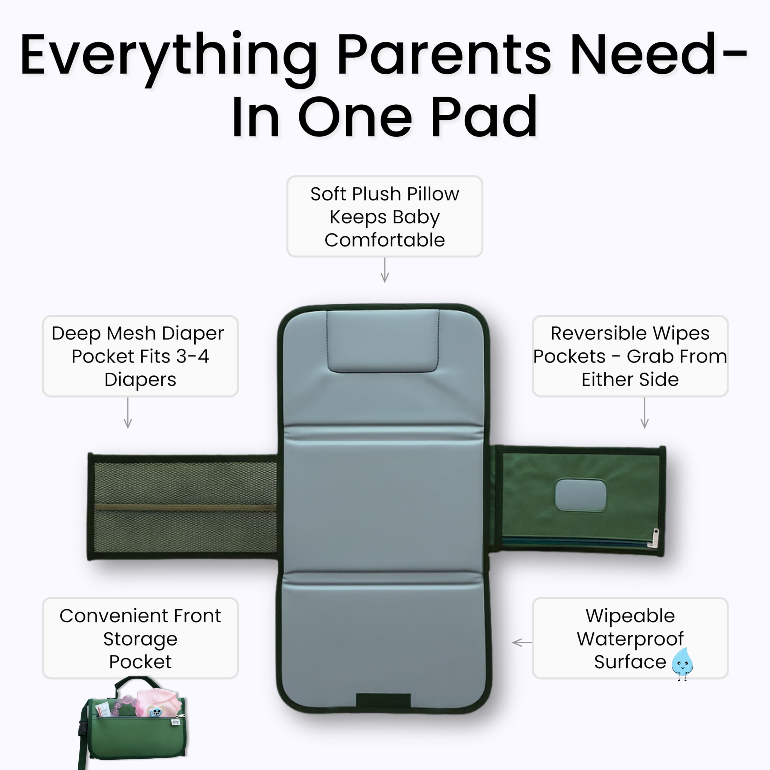 Kewh Jo portable diaper changing pad with built-in diaper and wipes pockets for quick access