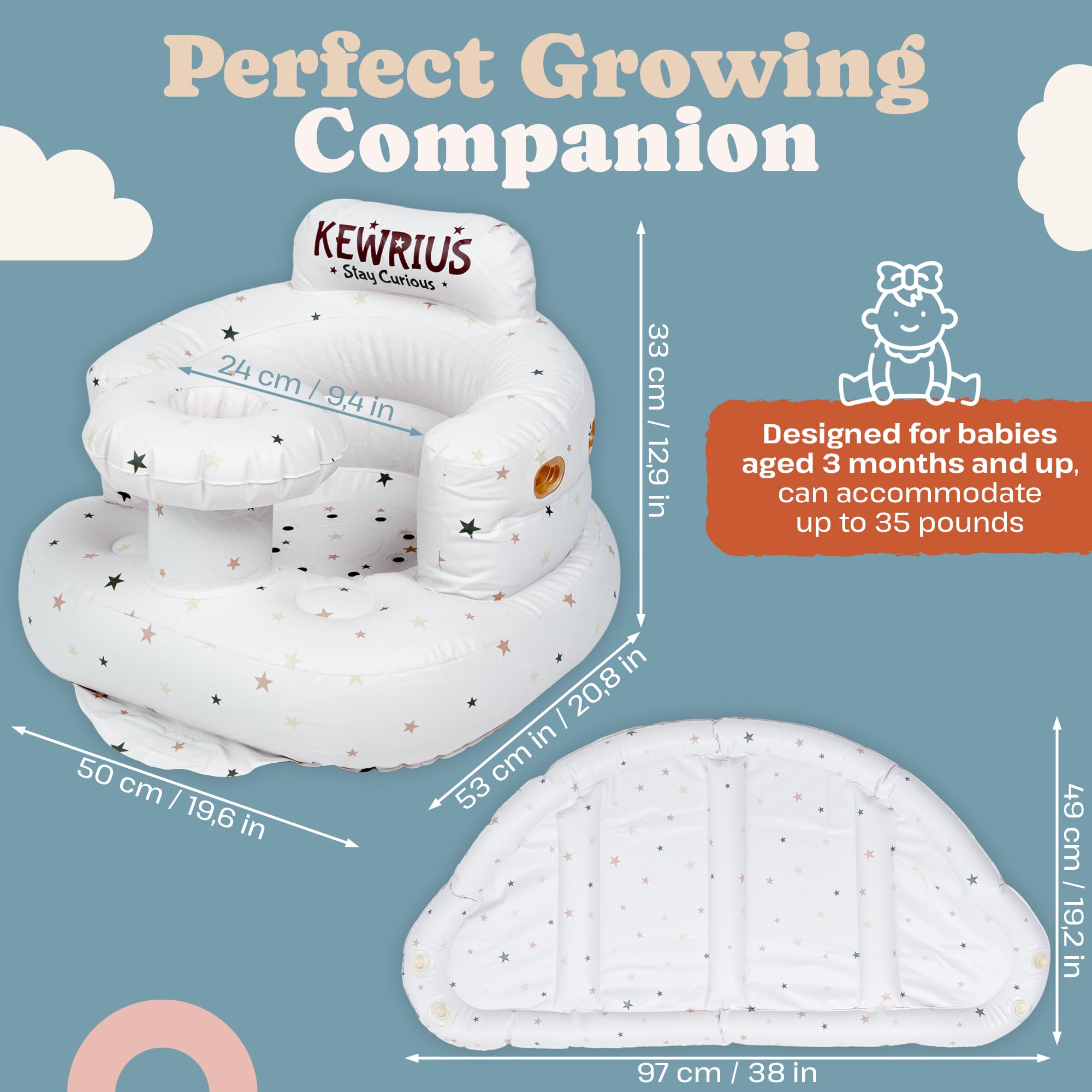 Kewrius inflatable baby seat inflates quickly for quick setup on adventures.
