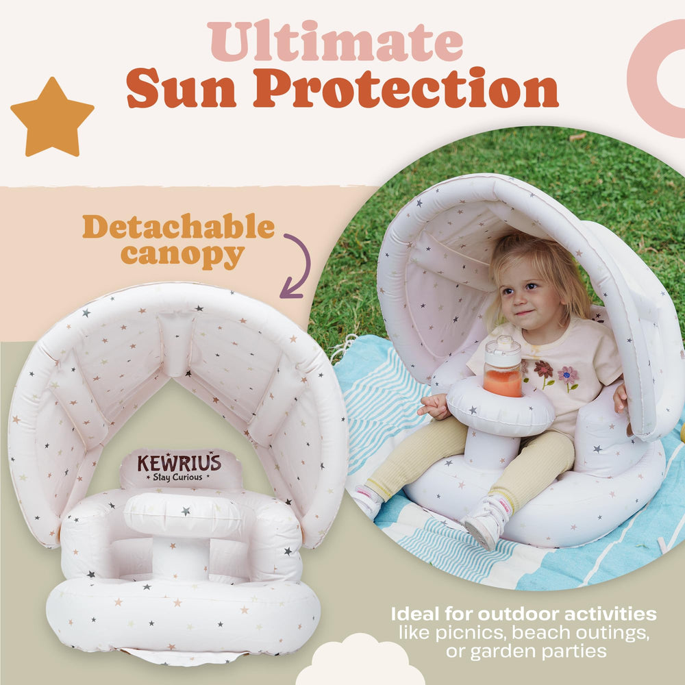 Kewrius inflatable baby seat curved backrest supports your infant's posture while learning to sit.