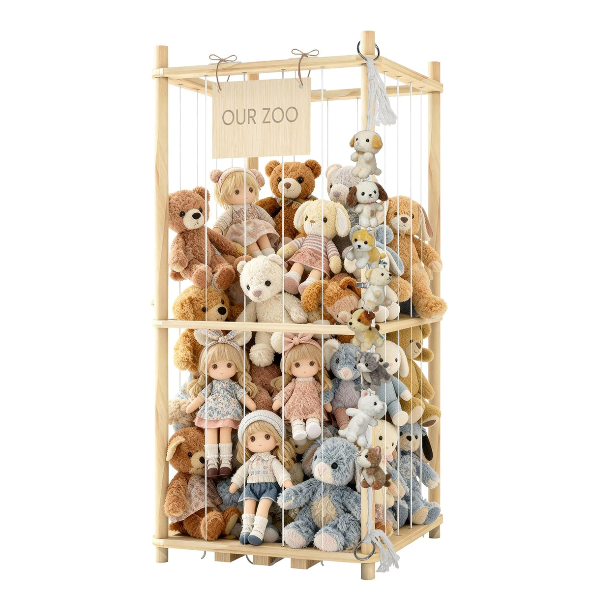 Keyixize stuffed animal storage organizer front view showing two-tier shelves for easy reach