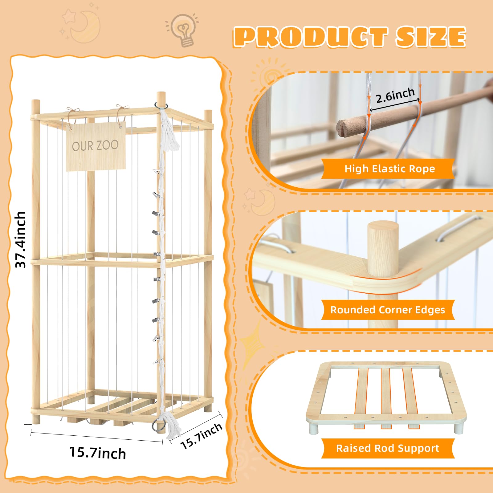 Keyixize stuffed animal storage organizer side view with sturdy wooden frame