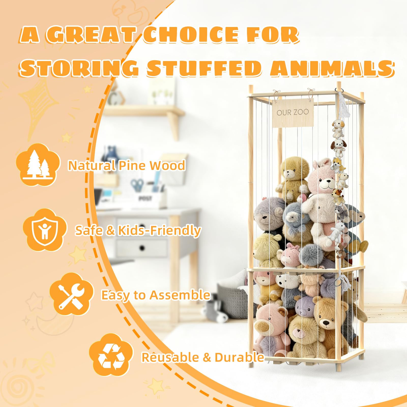 Keyixize two-tier organization design maximizes space for large and small plushies.