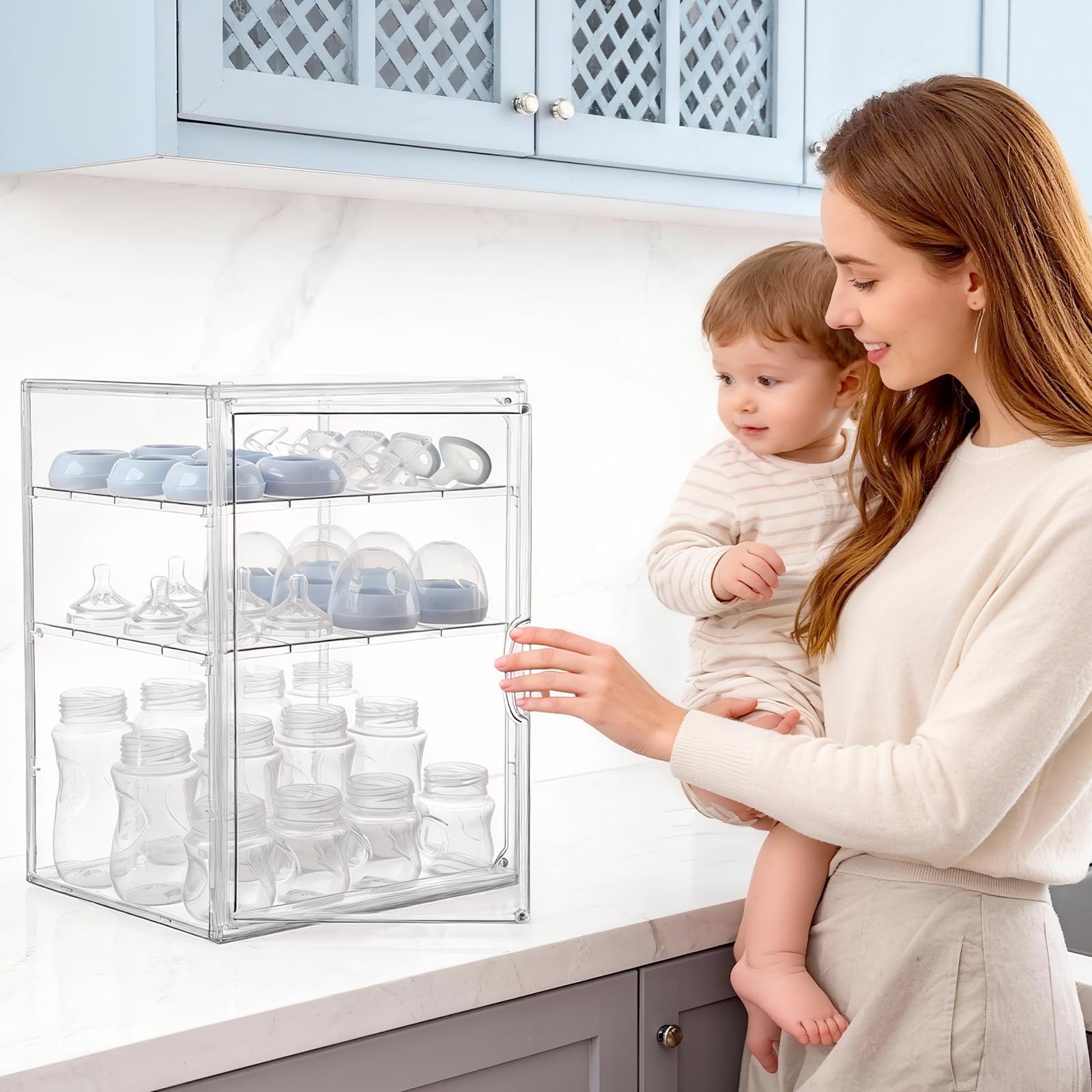 Keyunchengbao countertop organizer fits 12 full-size bottles upright.