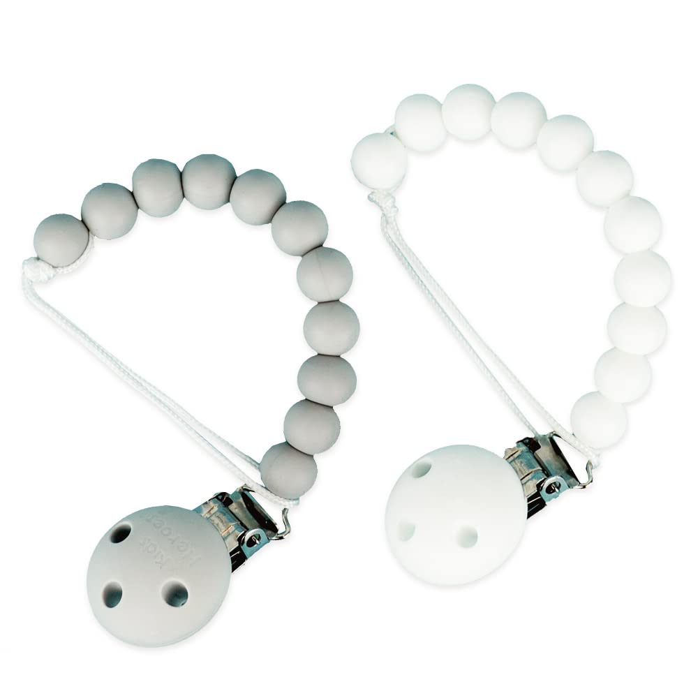 KH Kids Heroes silicone pacifier clip in grey attaches to clothing.