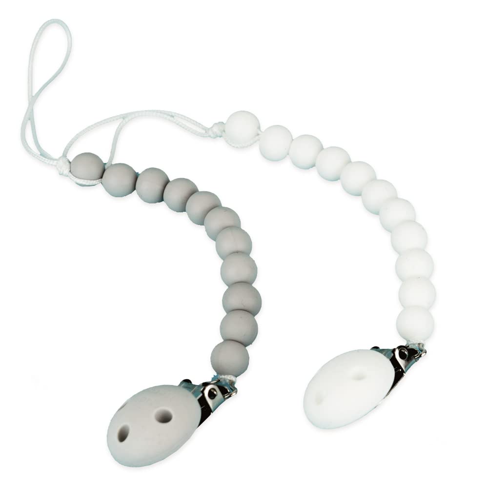 KH Kids Heroes silicone pacifier clip in white keeps pacifier clean and secure.