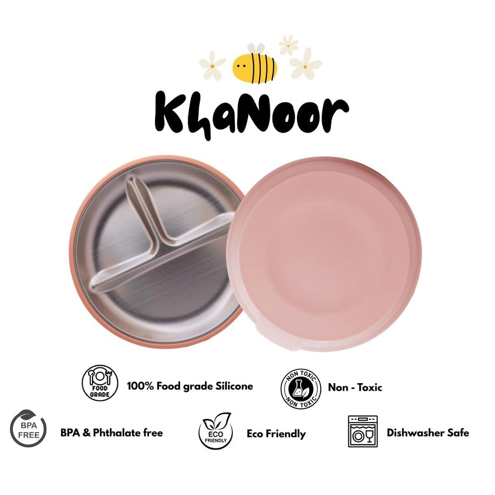 KhaNoor baby plate with strong suction base stays put on smooth surfaces.