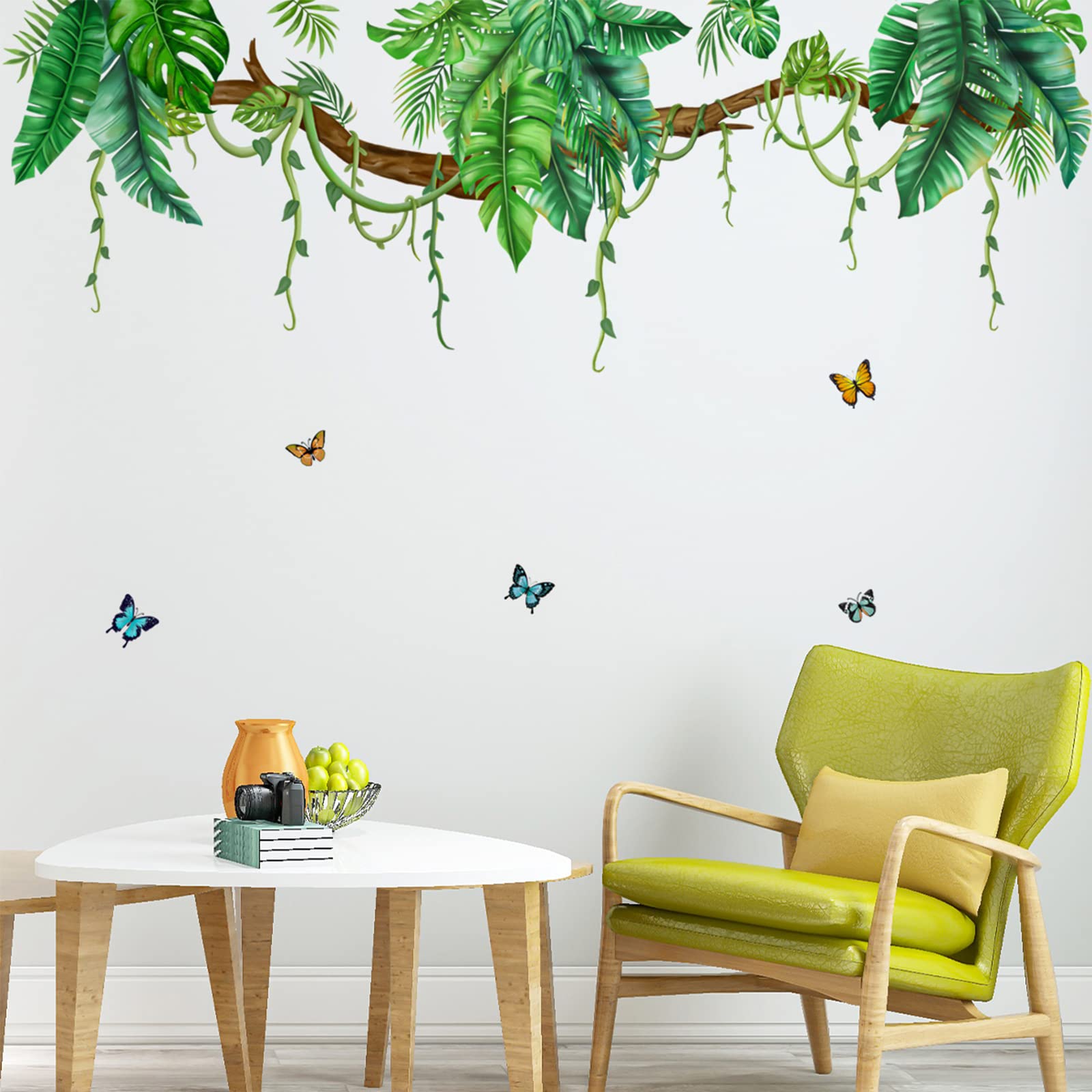 KHayRovies tropical palm leaf wall sticker enhances living room ambiance.