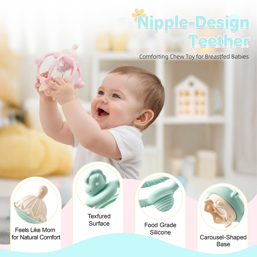 KIAANS silicone teether center piece features a gentle rattle for play.
