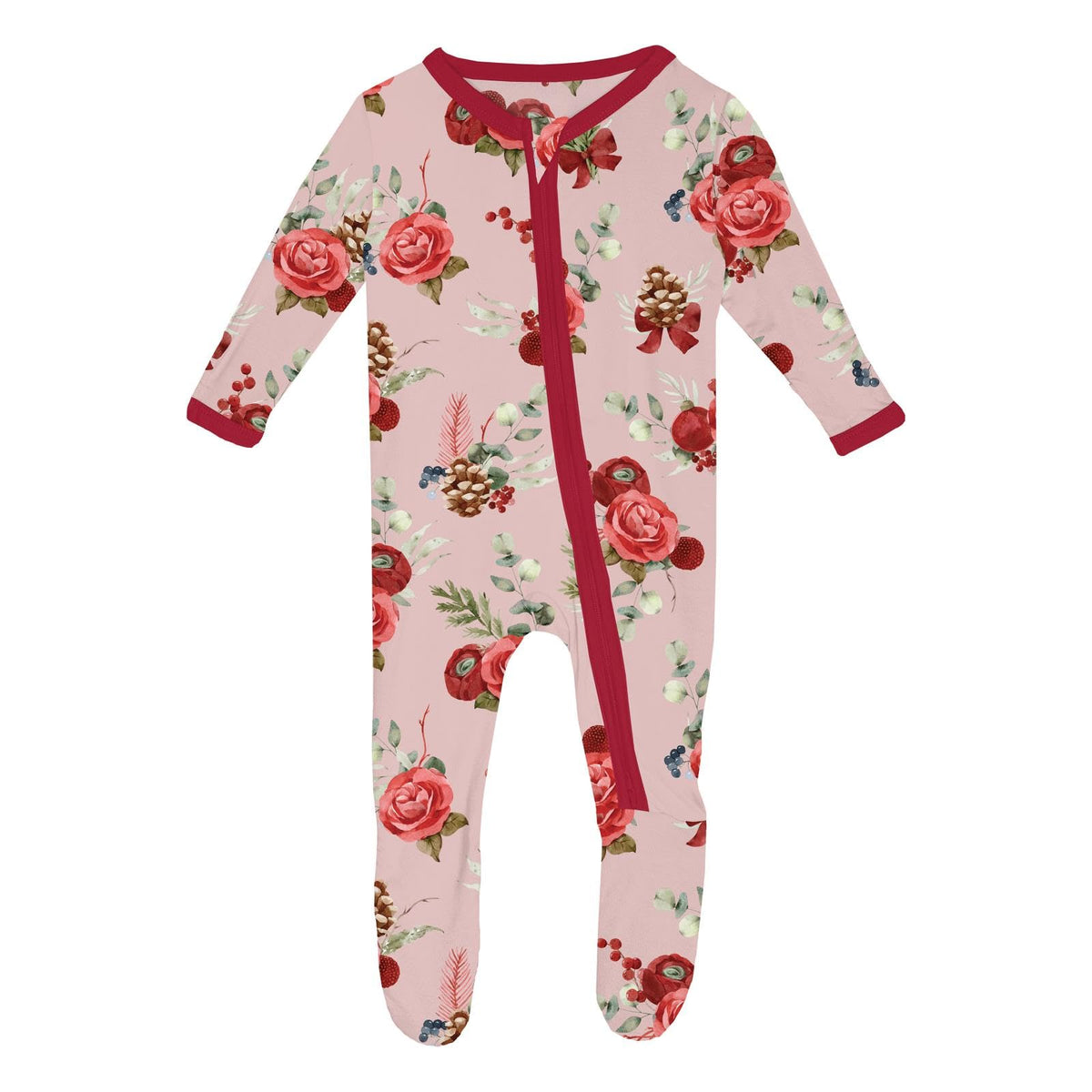 KicKee Festive Footie Pajamas with front zipper for quick changes.