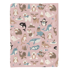KicKee Pants Baby Rose Arctic Animals swaddle blanket offers silky softness for secure, cozy sleep.