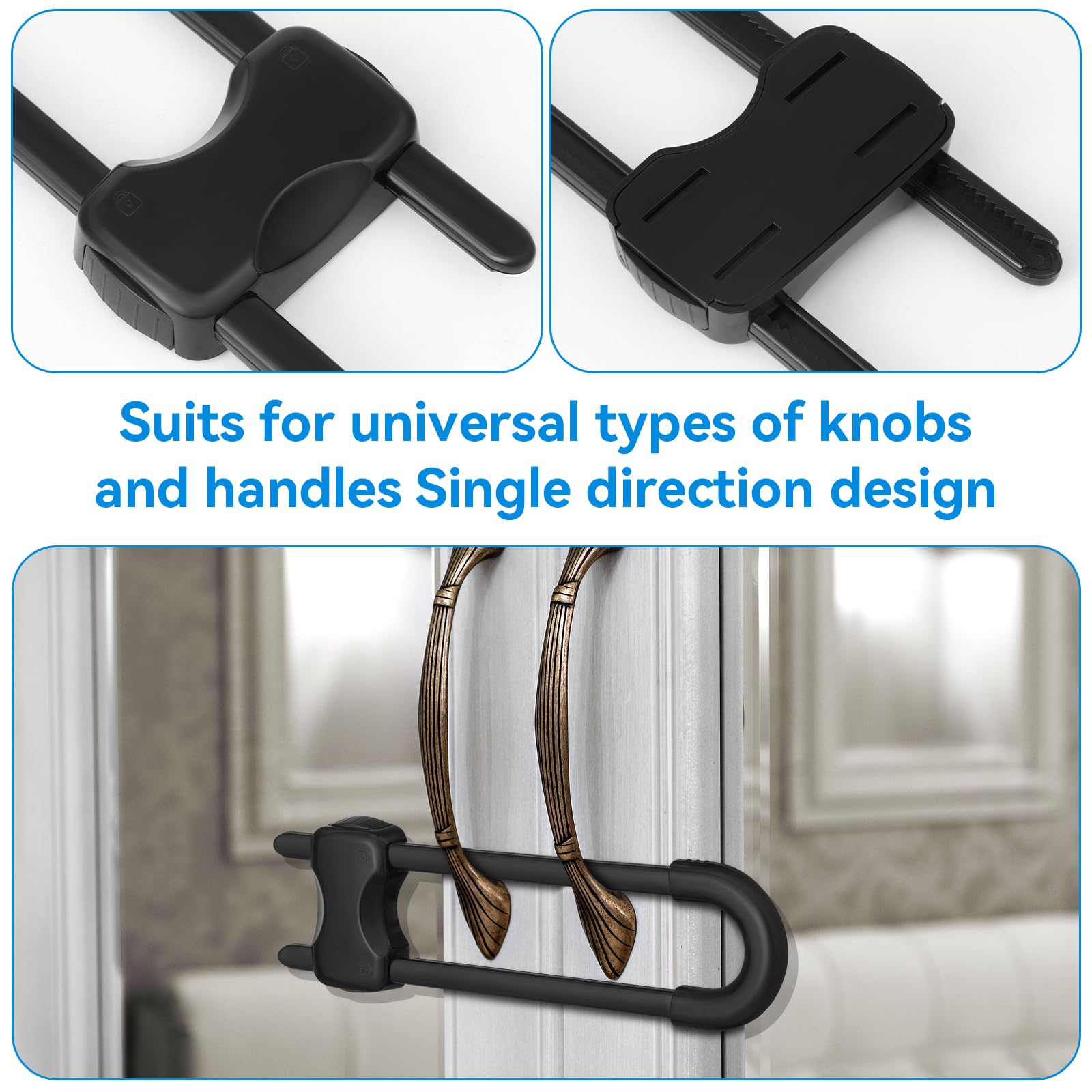 Kickic adjustable U-shaped locks fit knobs and handles.