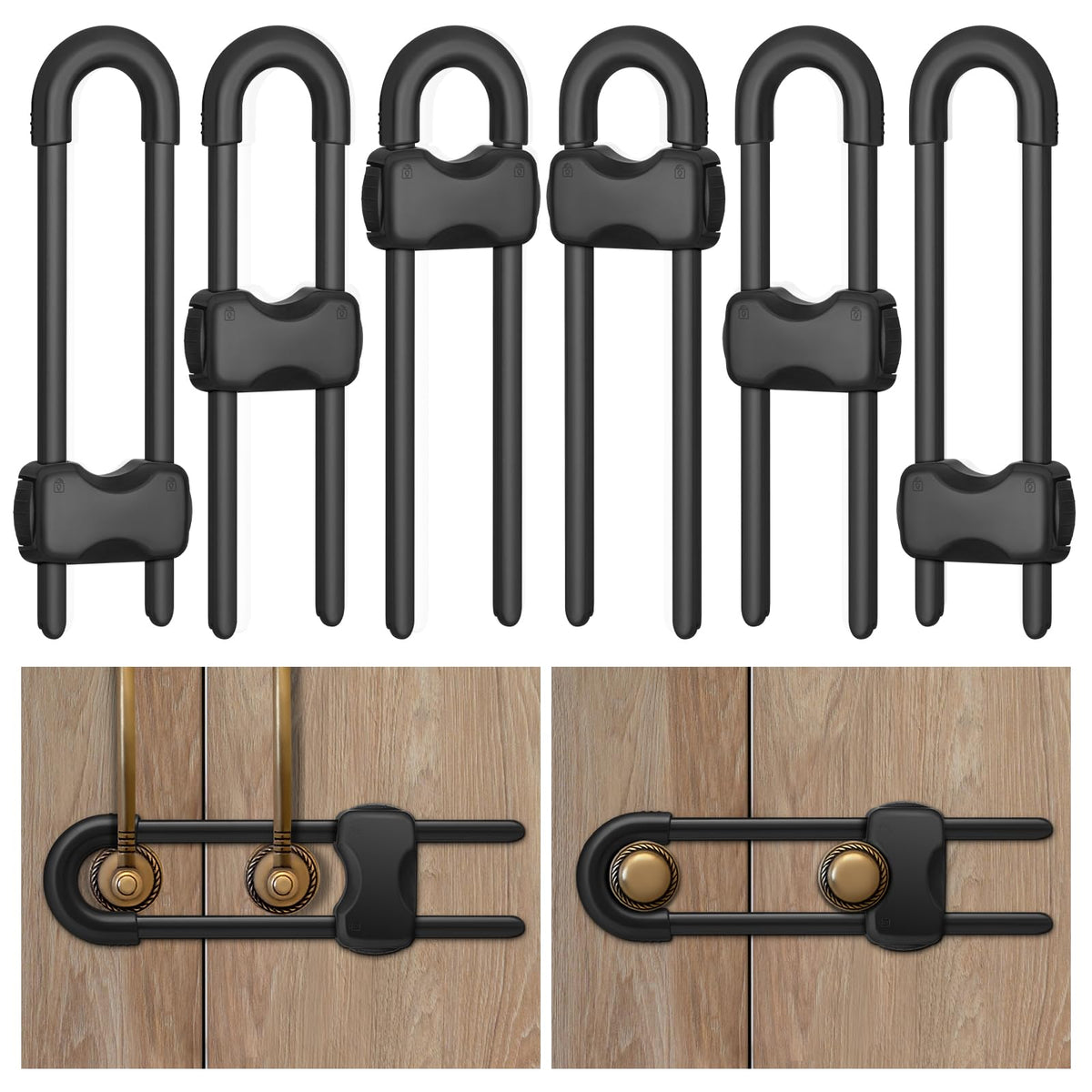 Kickic cabinet locks 6-pack securing kitchen cabinet handles to prevent curious access.
