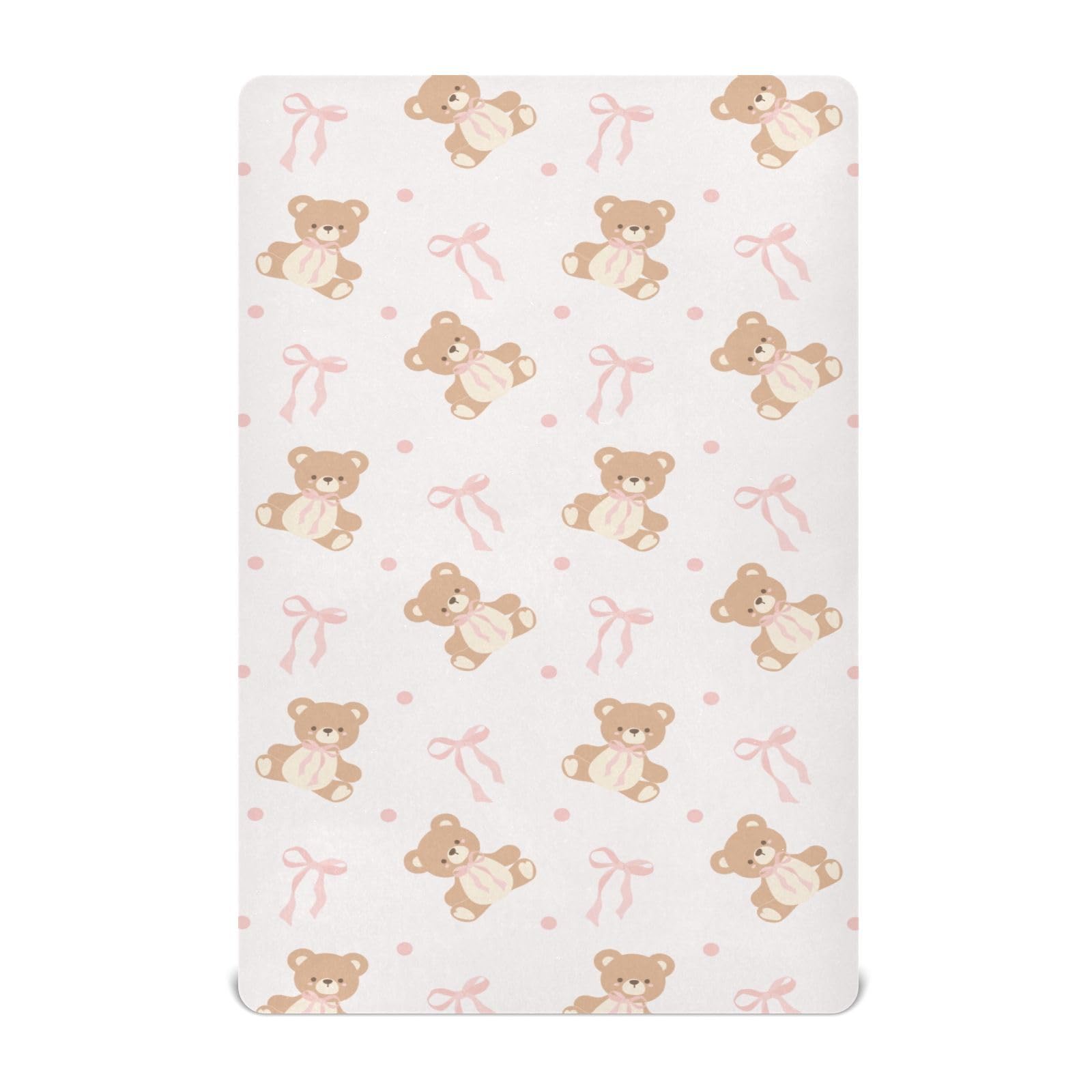 KICPOAY animal bear pink ribbon pattern playard sheet adds cozy style to napping areas