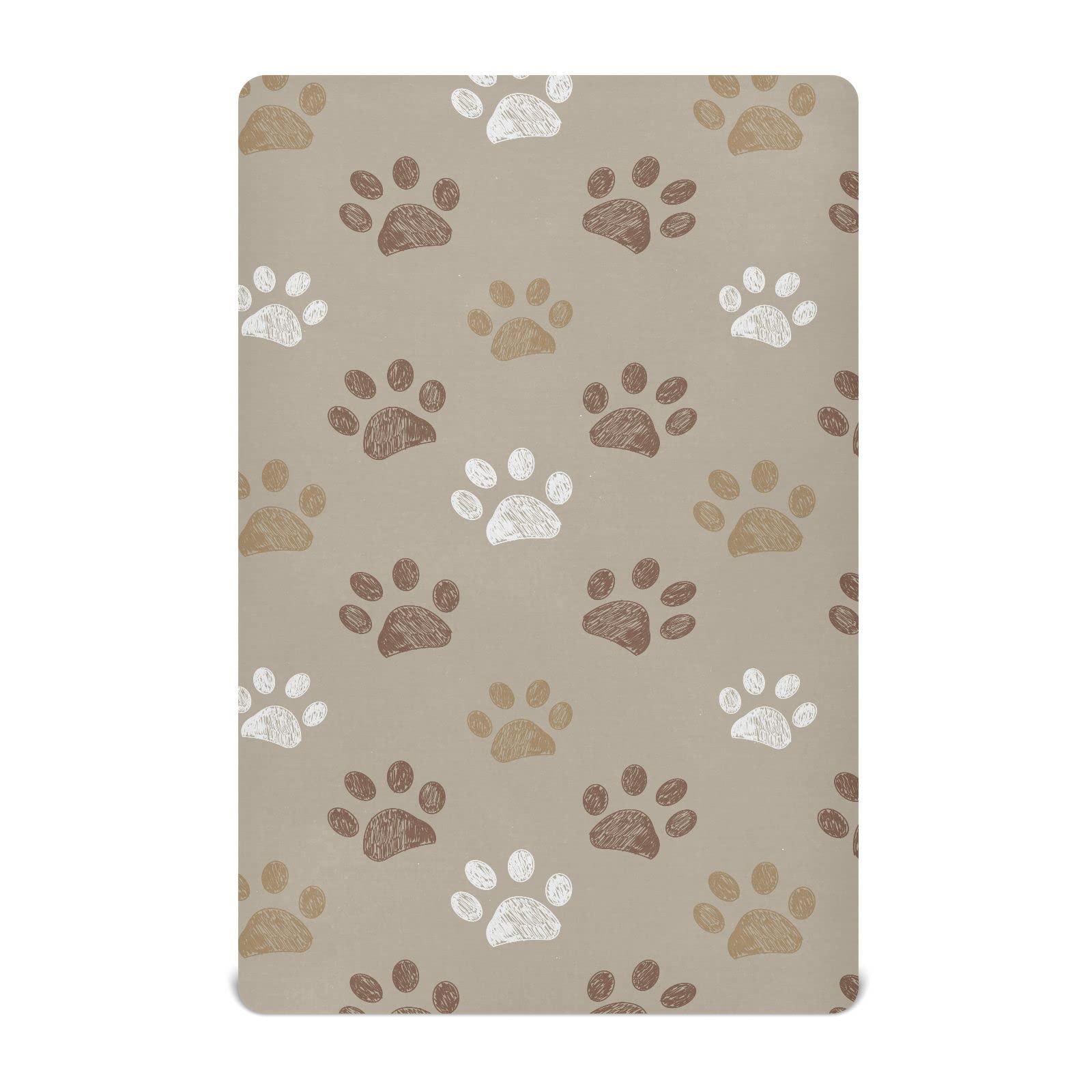 KICPOAY brown dog paws crib sheet close-up showing soft stretch fabric for baby comfort.