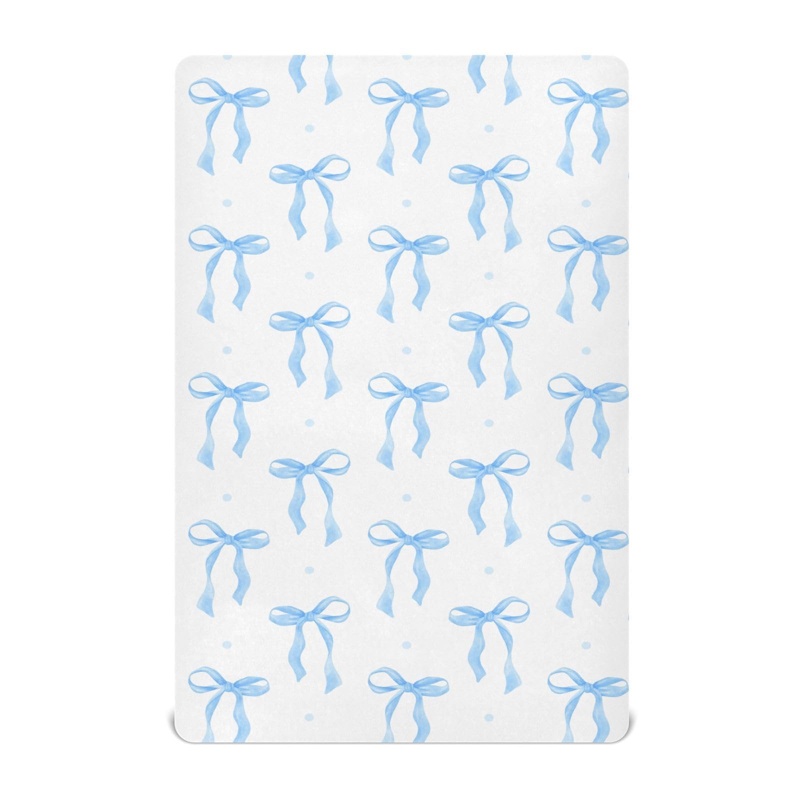 KICPOAY Coquette Blue Bow Watercolor playard sheet close-up, showcasing soft stretch fabric for comfort.