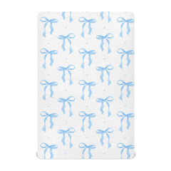 KICPOAY Coquette Blue Bow Watercolor playard sheet close-up, showcasing soft stretch fabric for comfort.