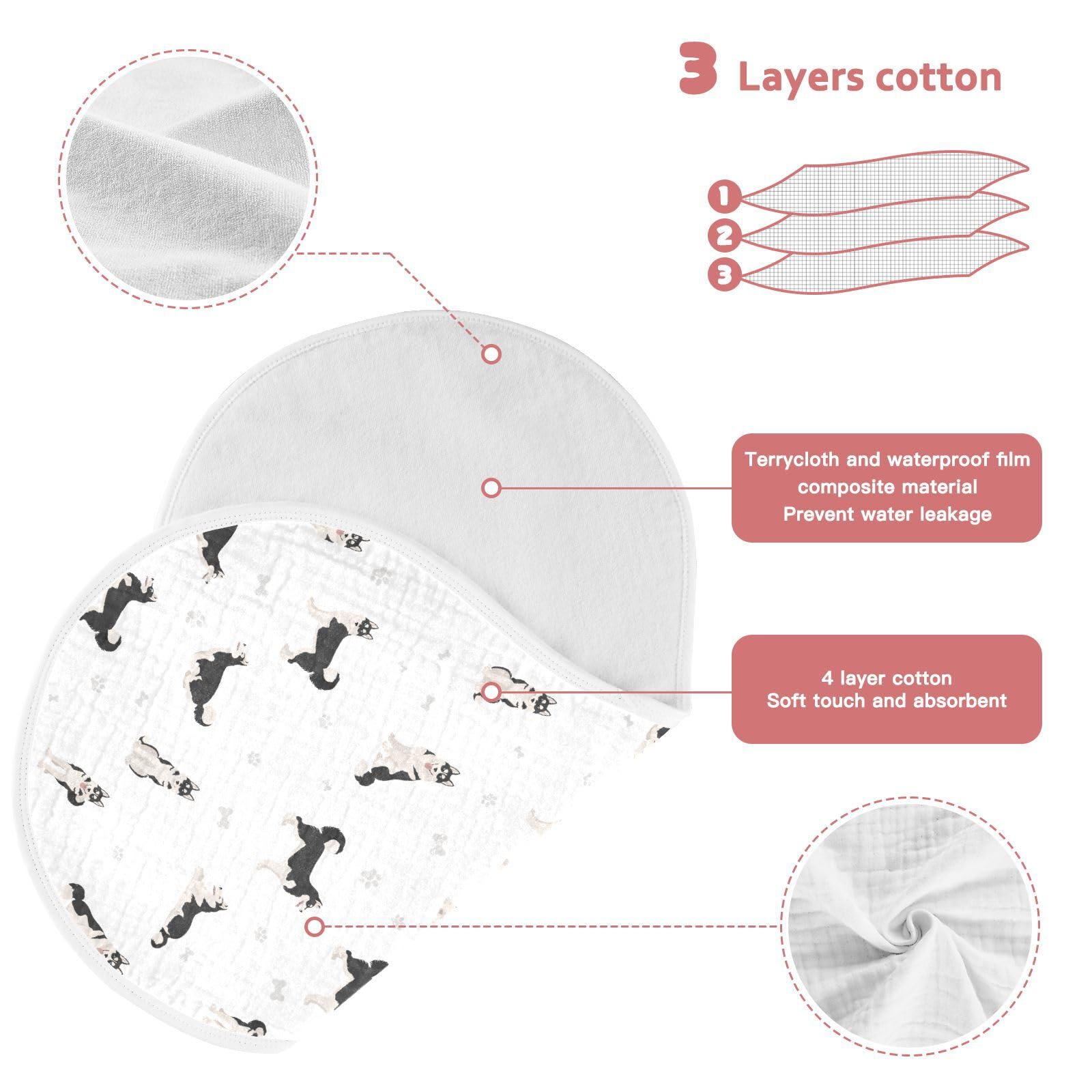 KICPOAY burp cloths with Husky motif, versatile as changing pad or nursing cover.