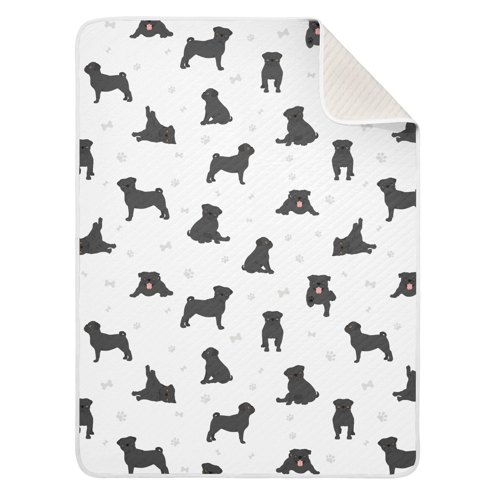 KICPOAY pug dog black swaddle blanket close-up—breathable muslin wrap for newborn comfort