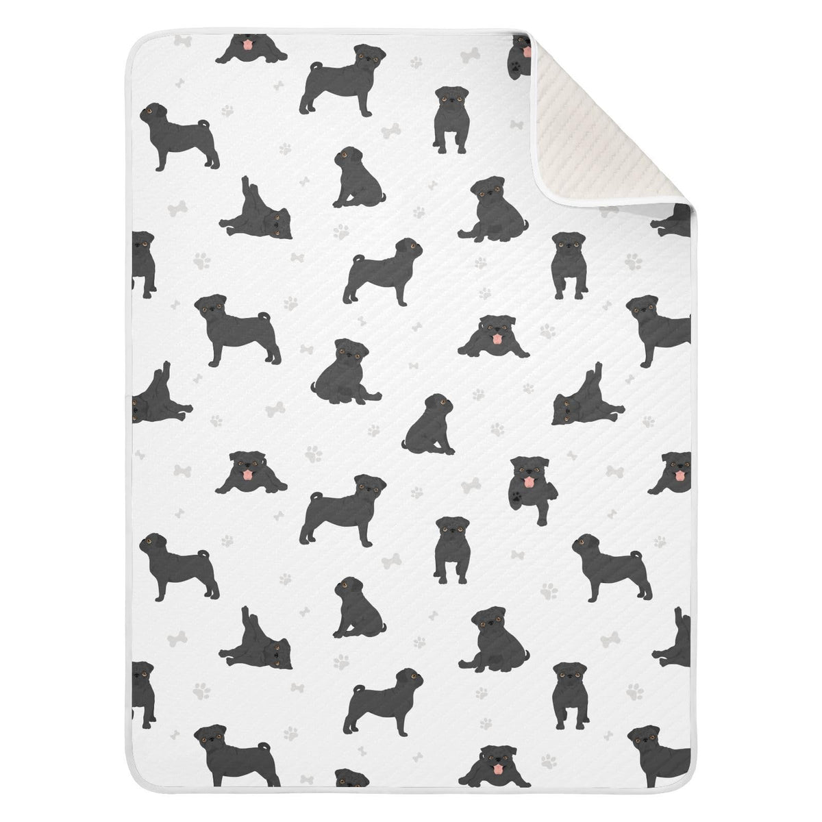 KICPOAY pug dog black swaddle blanket close-up—breathable muslin wrap for newborn comfort