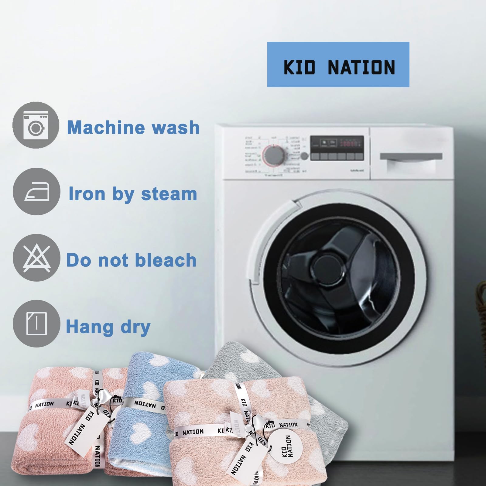 Kid Nation machine-washable blanket for easy care and durability.
