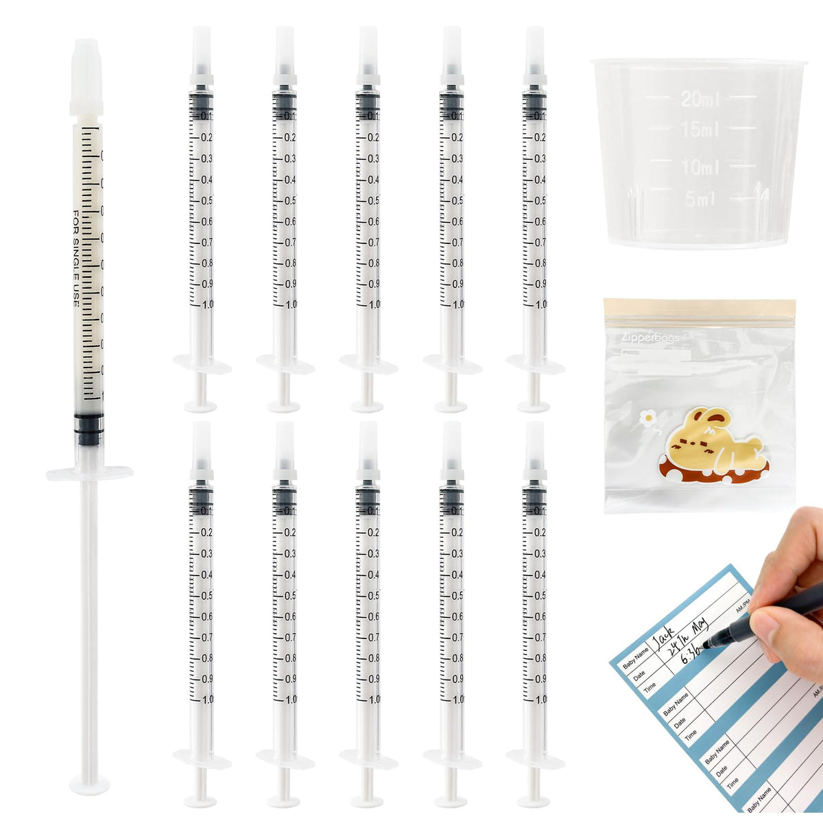 Kid2Kit 50-set 1mL syringes with caps for clean colostrum collection.