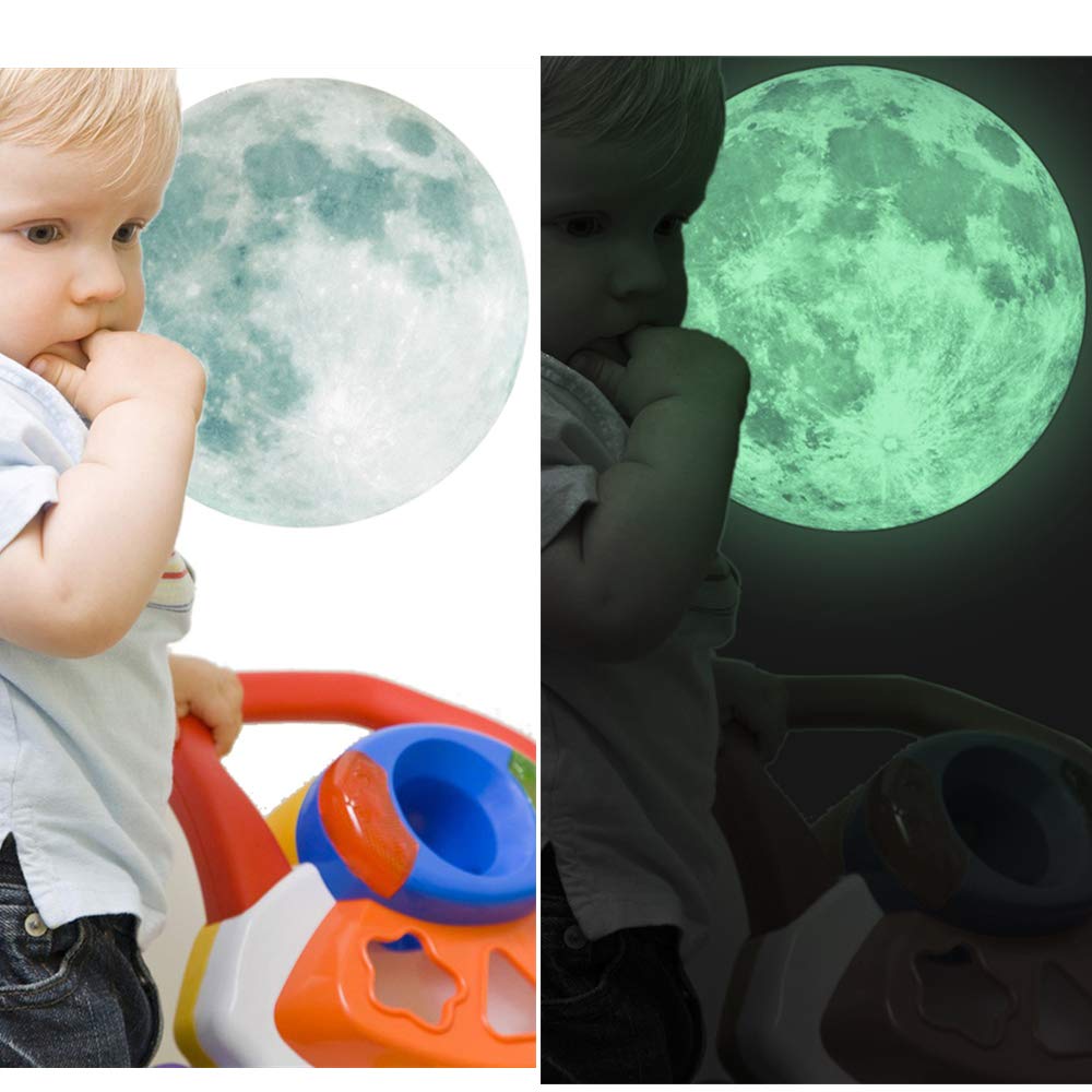 Kiddale luminous green moon decal casts a soft glow in dark rooms.