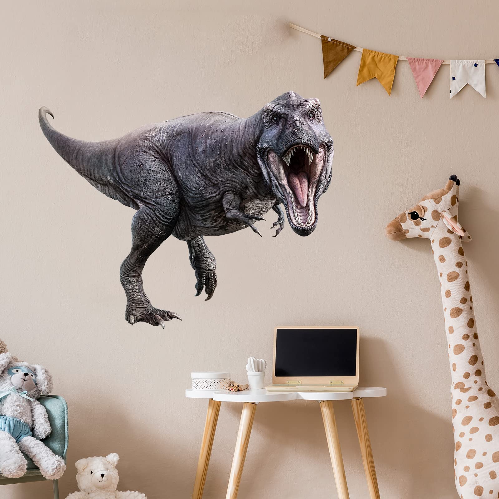 Kiddale Tyrannosaurus wall decal adheres safely to walls, doors, and glass with easy removal.