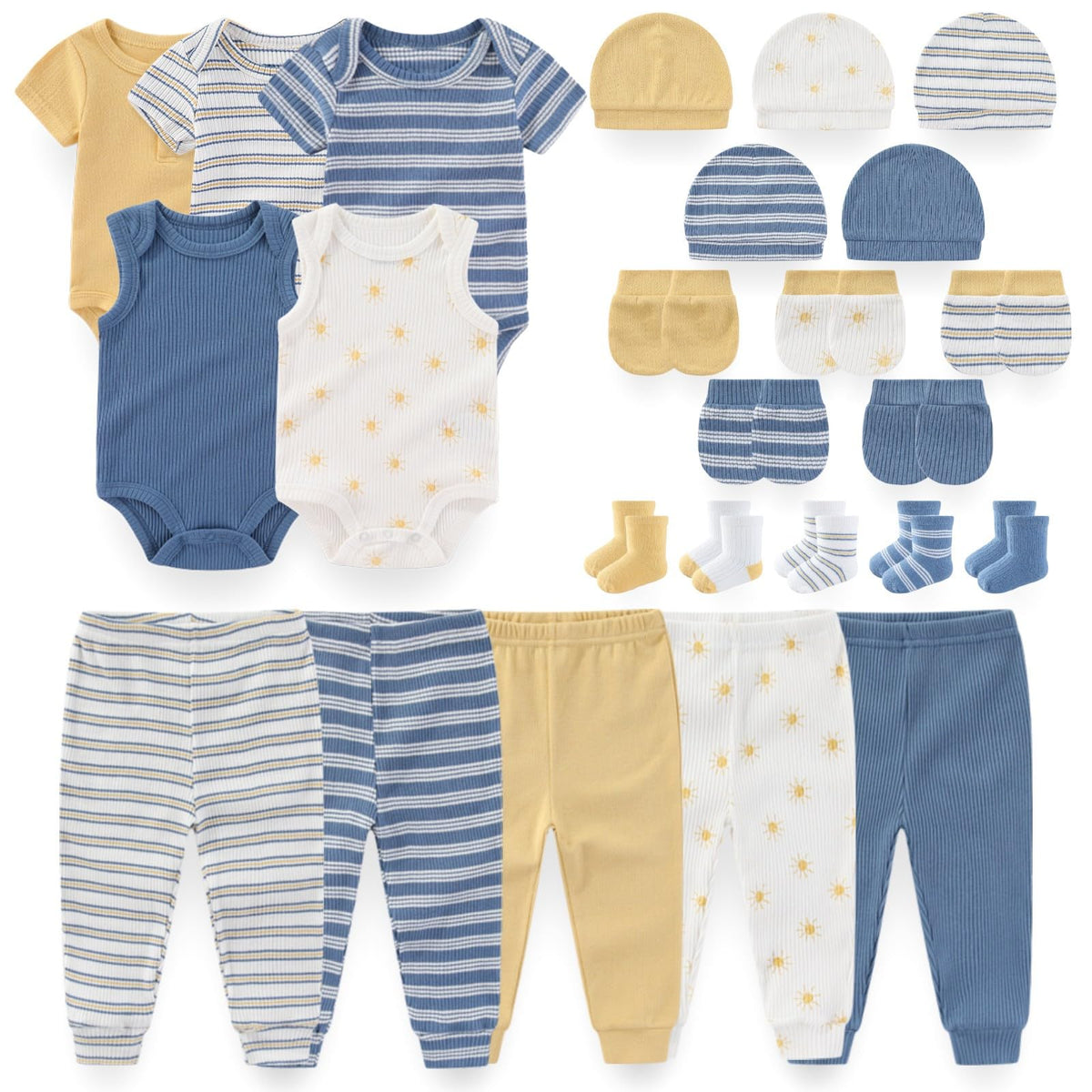 Kiddiezoom newborn layette blue-yellow bodysuit and pants set, soft cotton for gentle everyday wear