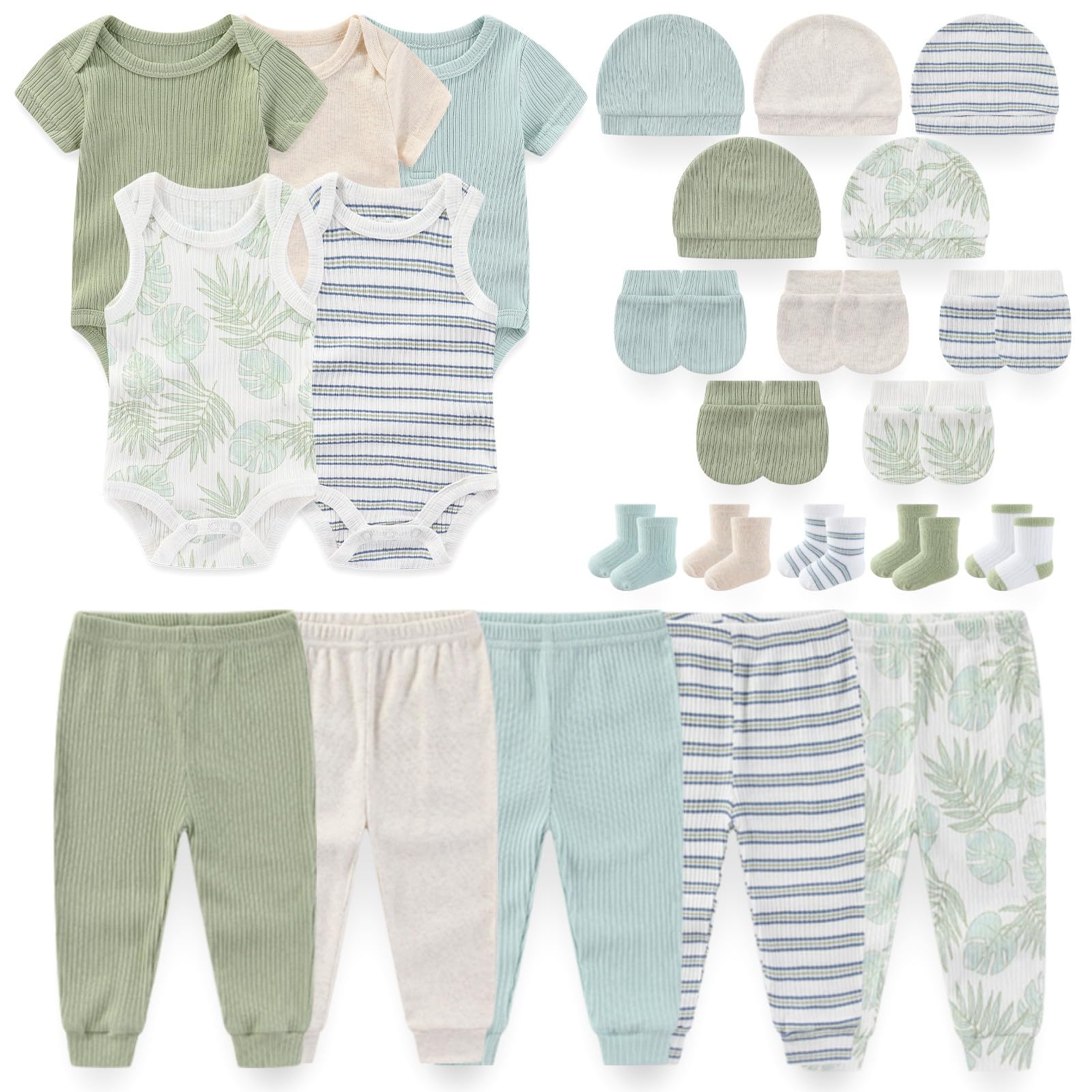 Kiddiezoom newborn layette essentials giftset flatlay with soft cotton garments.