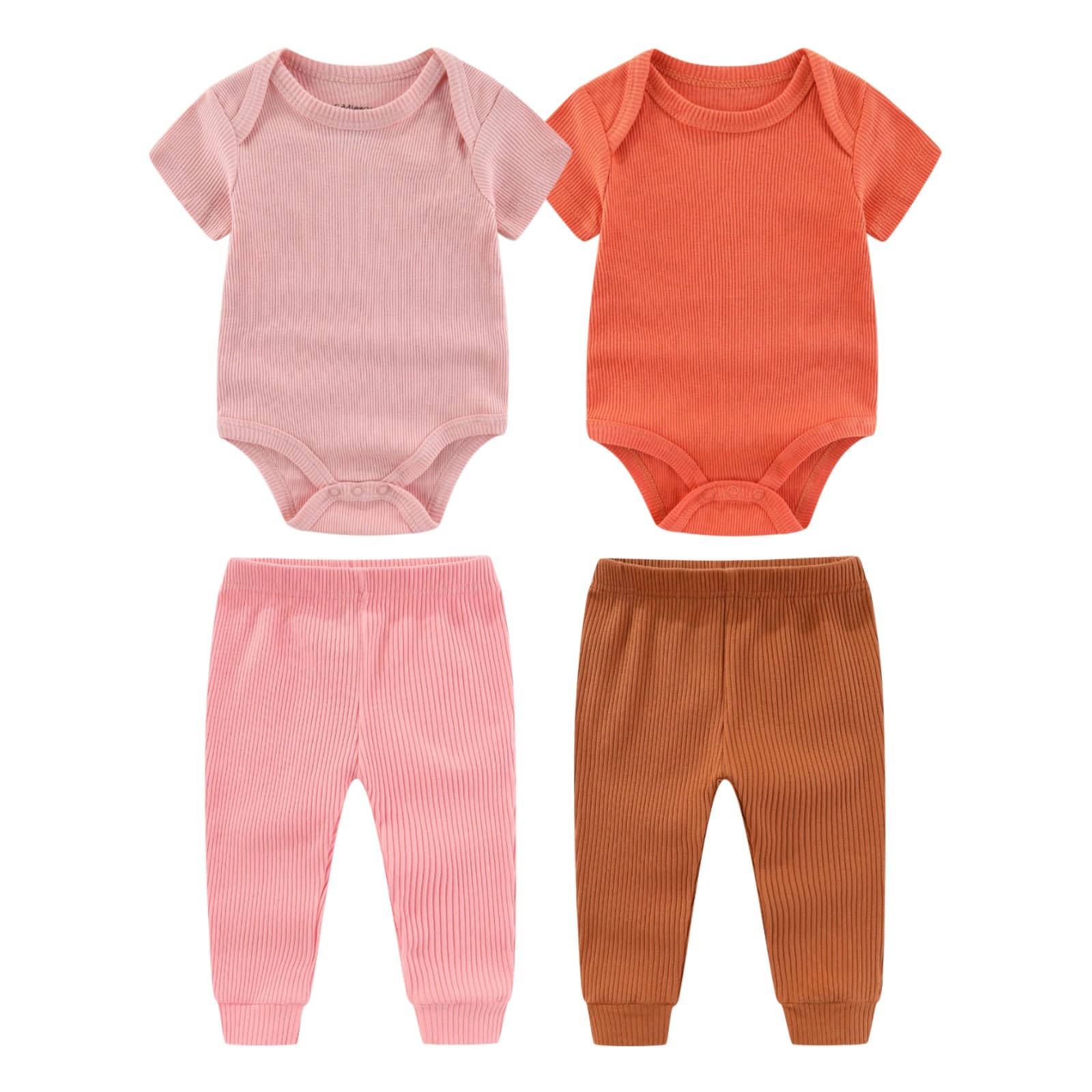 Kiddiezoom newborn layette set with two bodysuits and two pants; soft cotton for unisex daily wear.