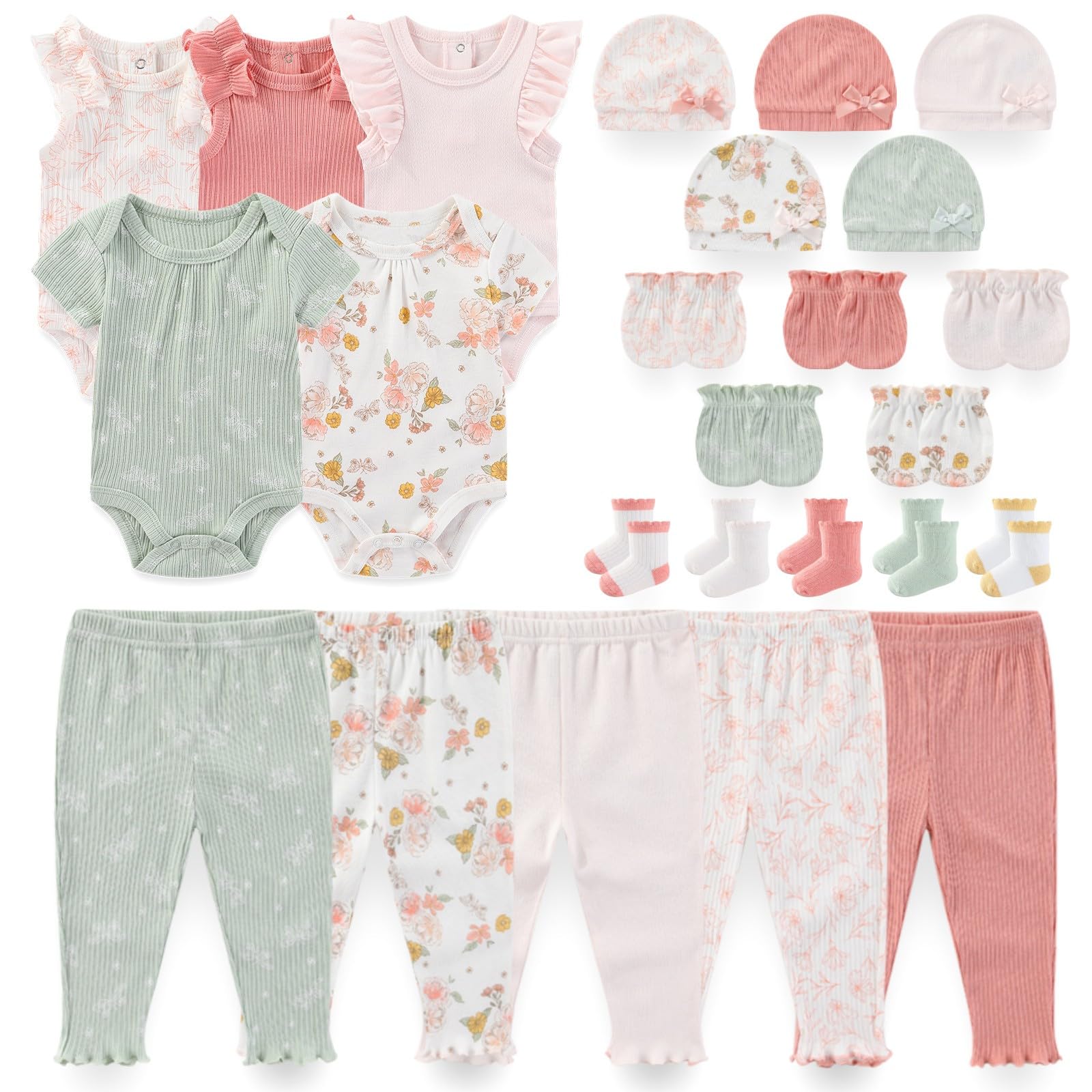 Kiddiezoom newborn layette set front view; soft cotton for delicate skin and easy outfit changes