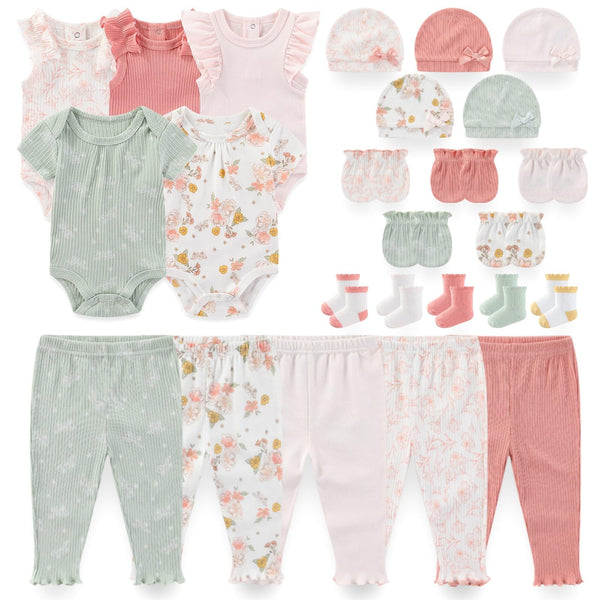Kiddiezoom newborn layette set front view; soft cotton for delicate skin and easy outfit changes