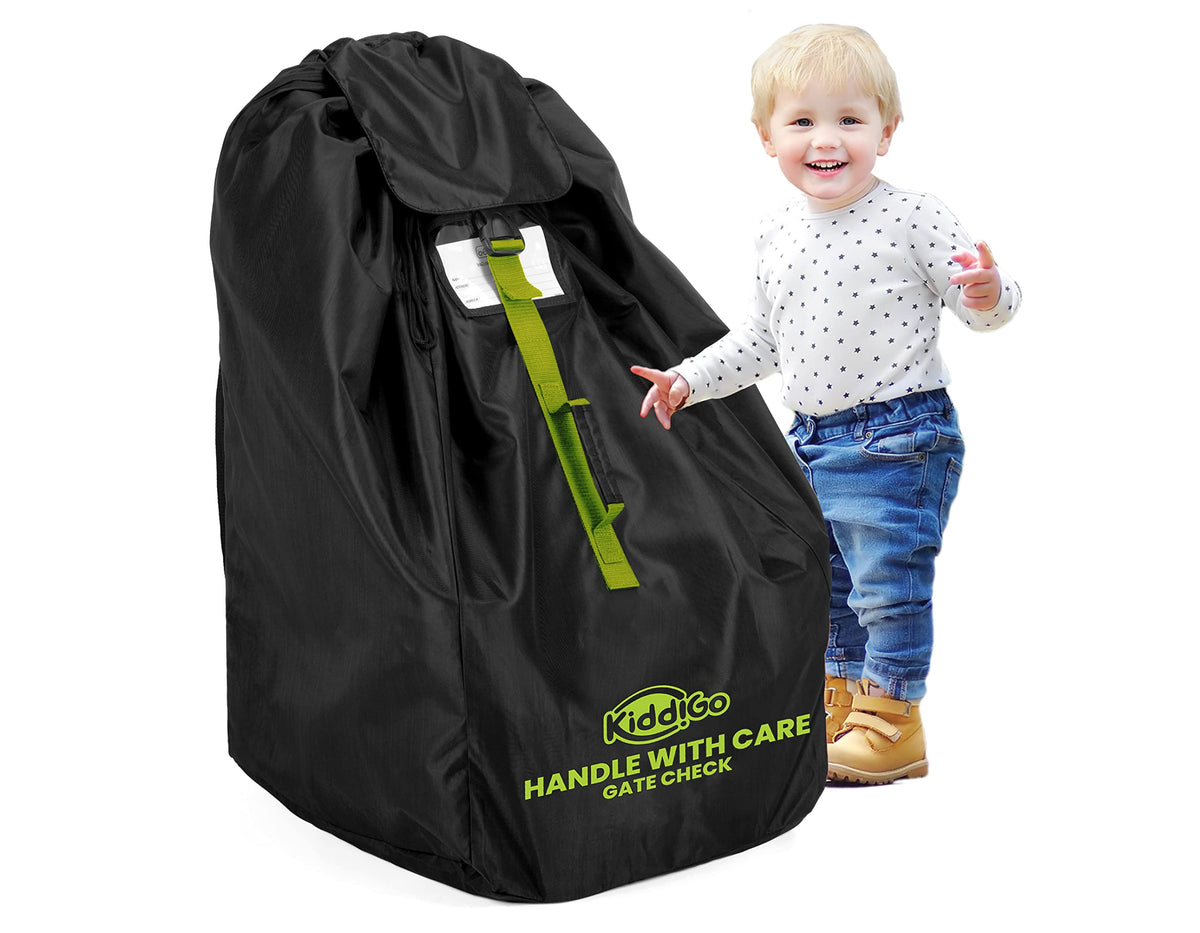 Kiddigo car-seat travel bag in black and green, front view for quick gate-check.