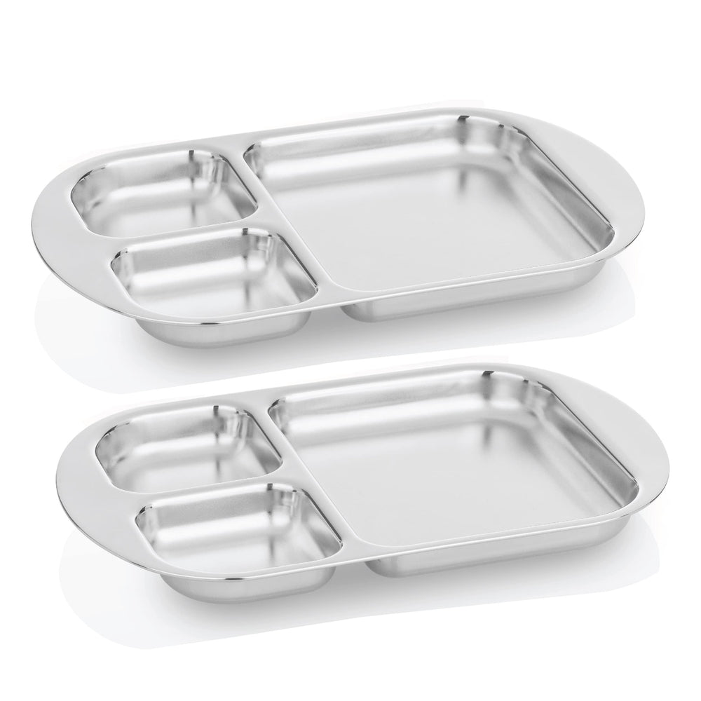 Kiddobloom Education Series divided plate close-up in silver, built for durable toddler meals.