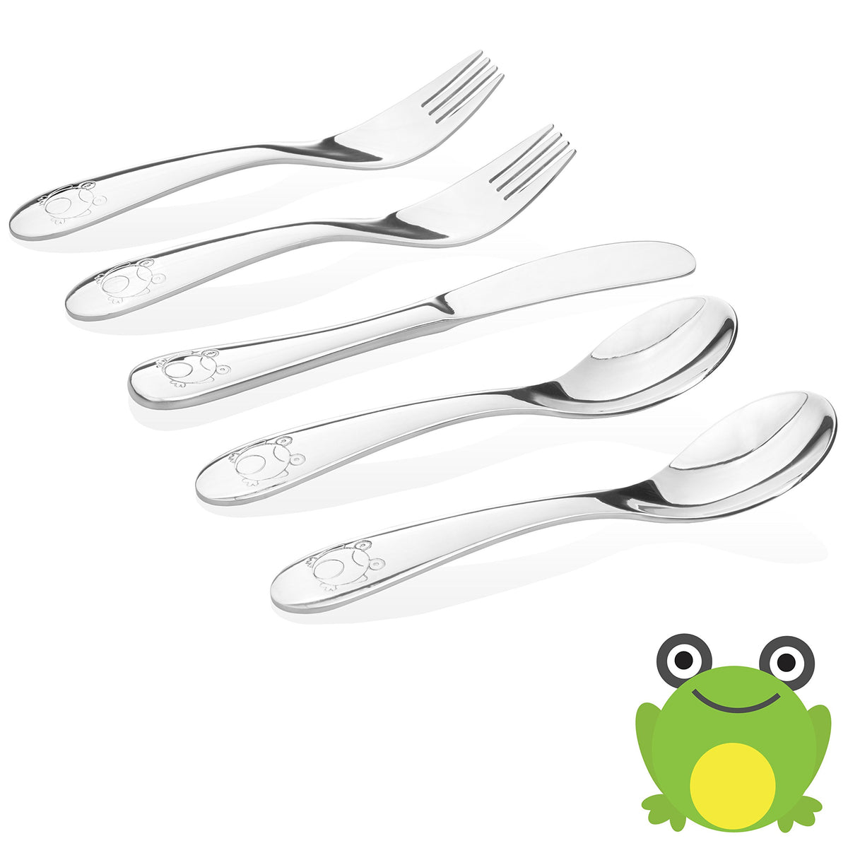 Kiddobloom kids utensil set in stainless steel with frog design, built for daily durability