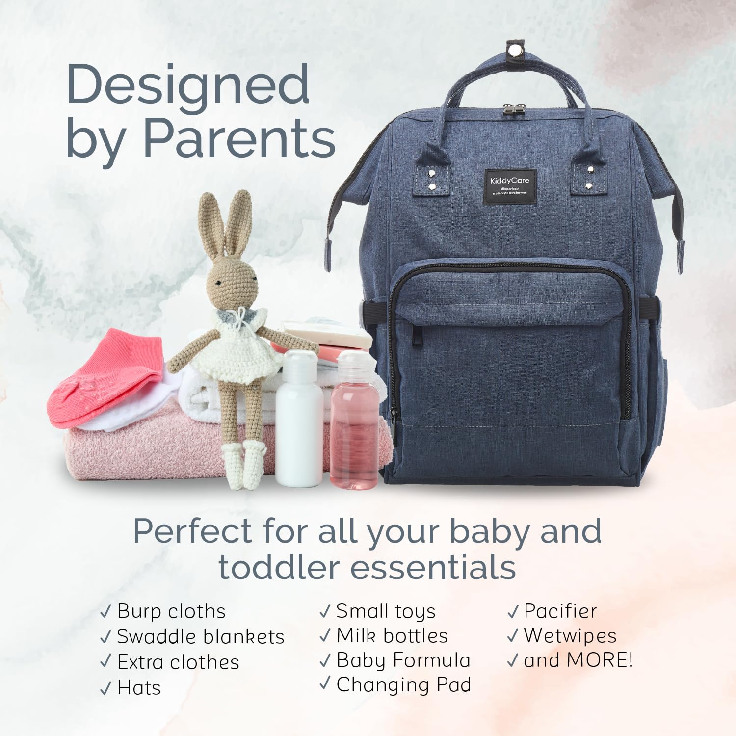 KiddyCare Diaper Bag Backpack features smooth zippers for easy access.