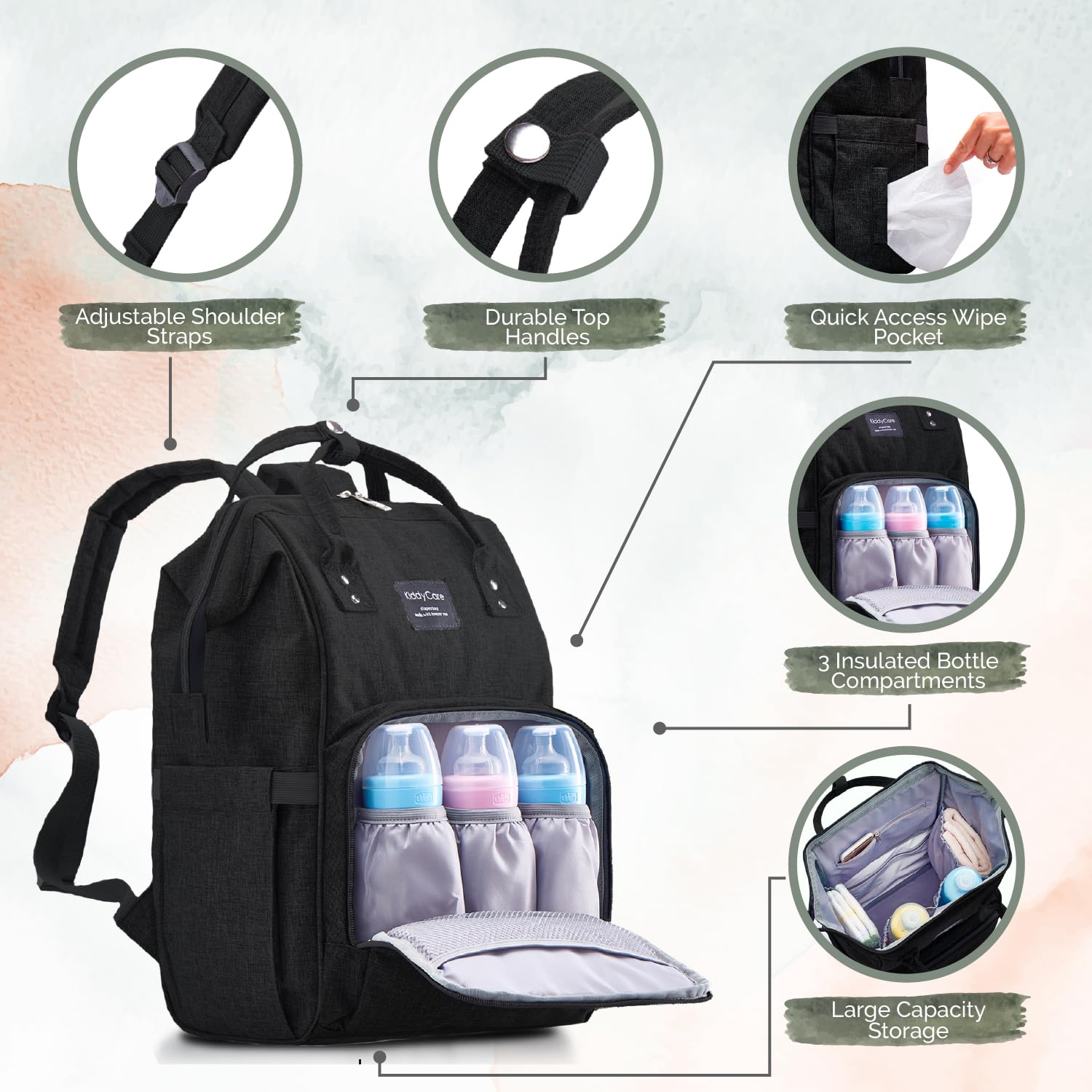 KiddyCare Diaper Bag Backpack with spacious compartments keeps toys and snacks organized.