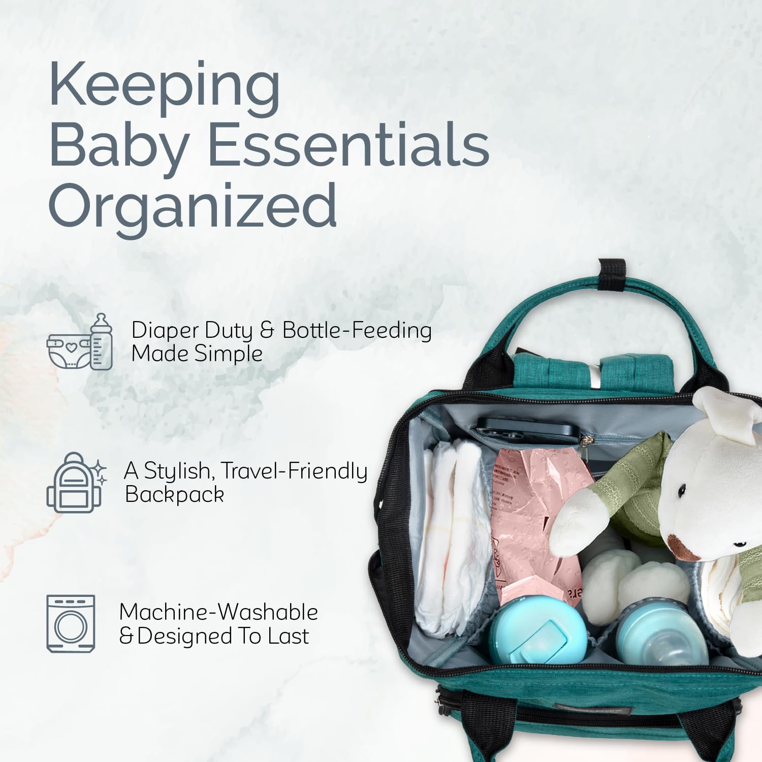 KiddyCare Diaper Bag Backpack includes wipes pocket for quick spill cleanup.